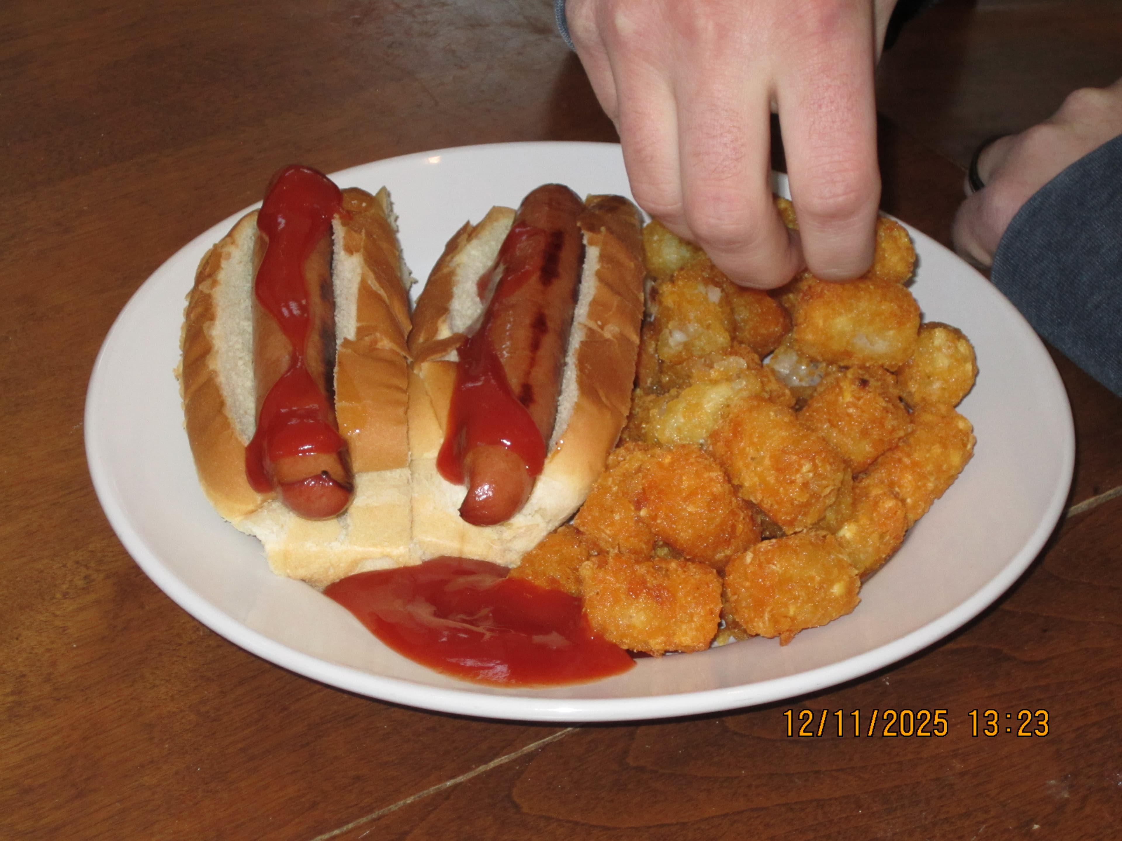Michael reaching for food from a plate containing two hot dogs, a bunch of tater tots, and ketchup.